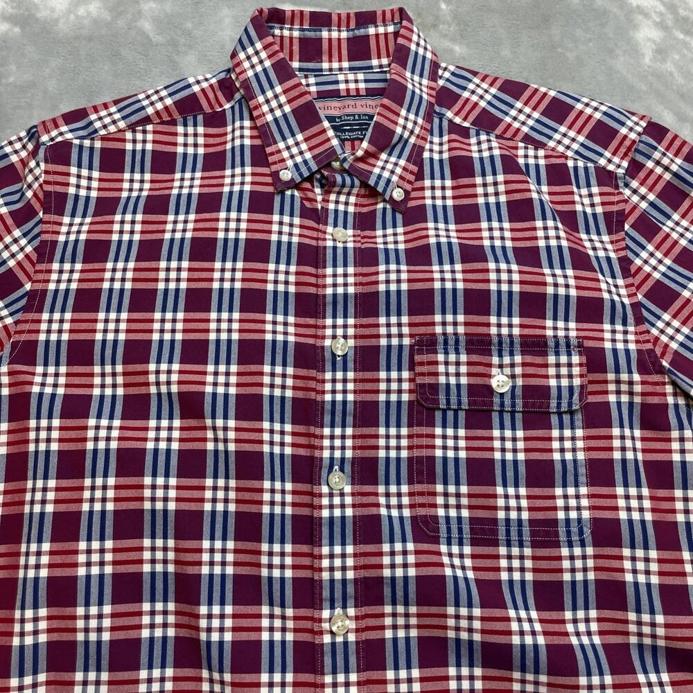 Vineyard Vines Mens Patriotic Shirt M Red Blue Plaid Collegiate Fit Long Sleeve‎